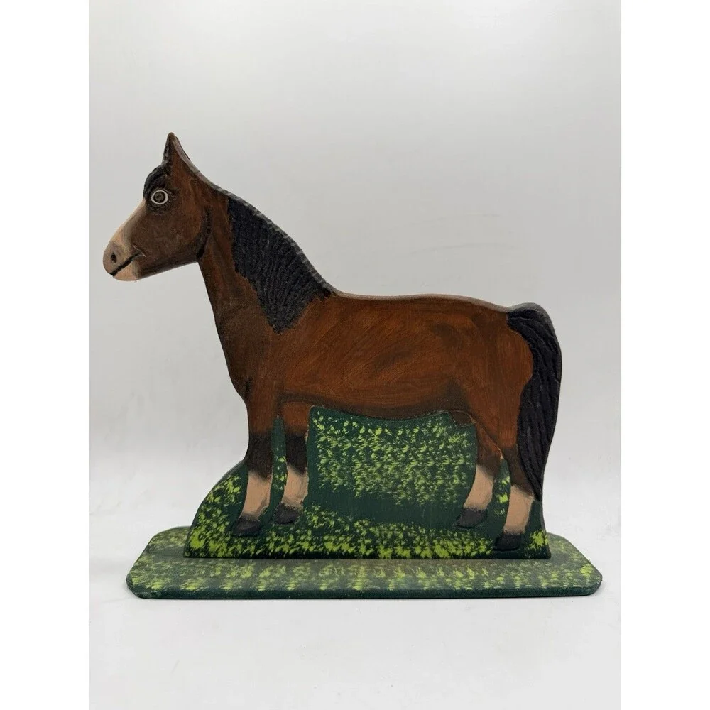 Vintage 1989 Menno Shirk Folk Art Wood Carved Brown Horse 9.5” w/ Signed Base